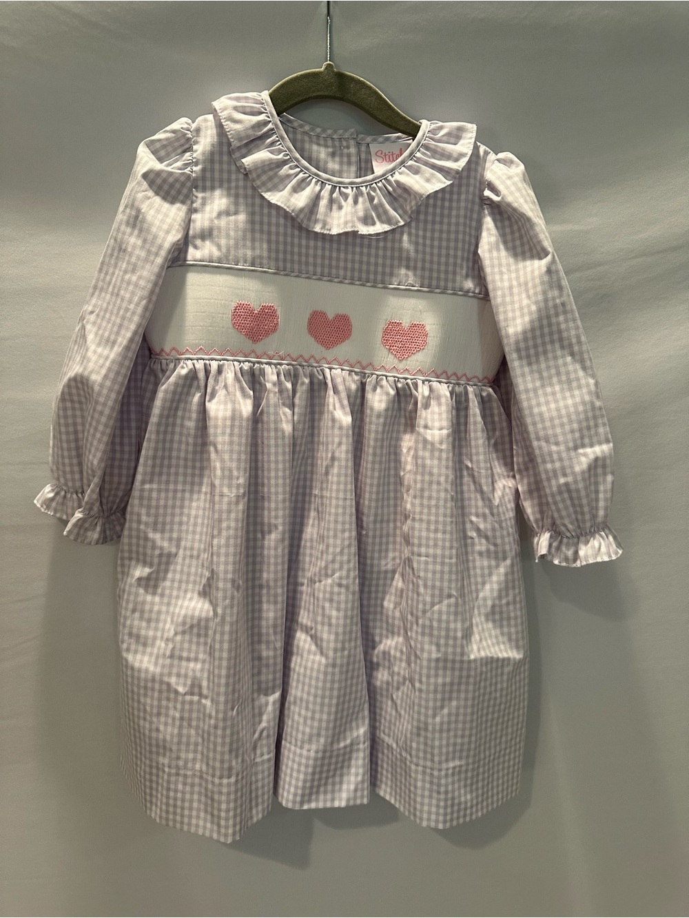 Girls' Light Pink Gingham Heart Smocked Dress with Matching Bow